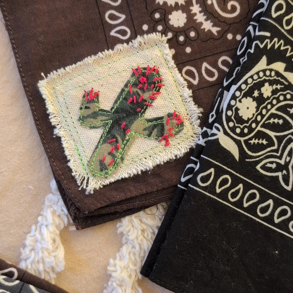 Bandana scarf w cactus, upcycled, embroidery cactus patch, Pick 1 HANDMADE ITEM - Picture 4 of 16
